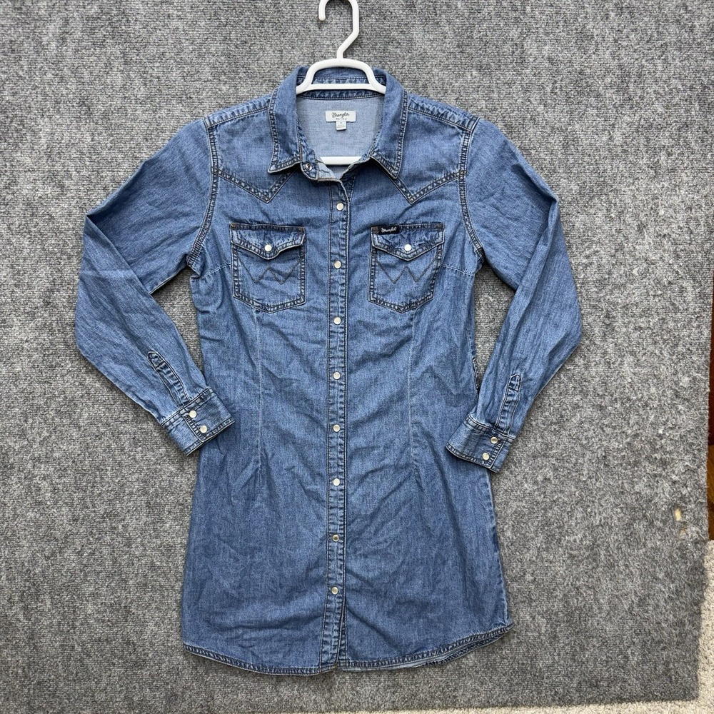 Wrangler Retro Pearl Snap Denim Dress Size Medium Western Long Sleeve cowgirl